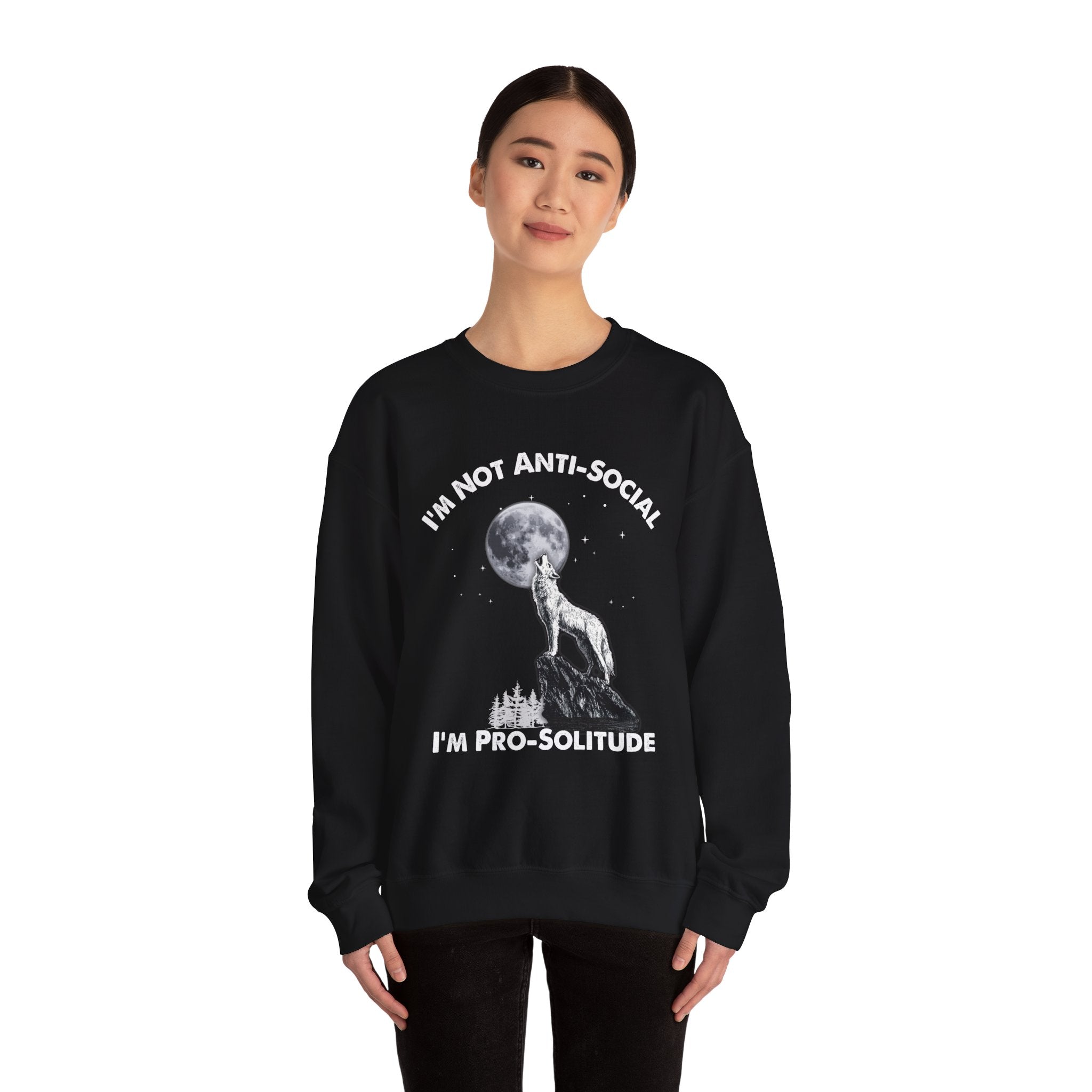 Pro-Solitude Wolf Sweatshirt, Cozy Gift for Introverts, Unisex Crewneck, Moon